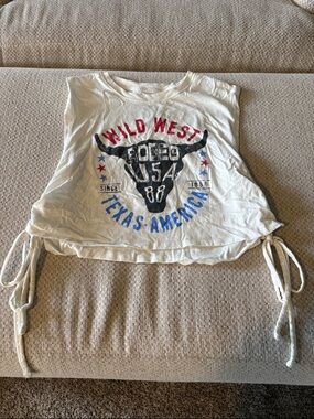 Juniors Wild West Rodeo USA Graphic Crop Top - White with Red & Blue